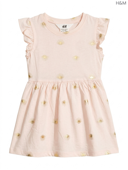 H&M Girls' Pink & Gold Sun Print Dress | Ruffle Sleeve Cotton Dress