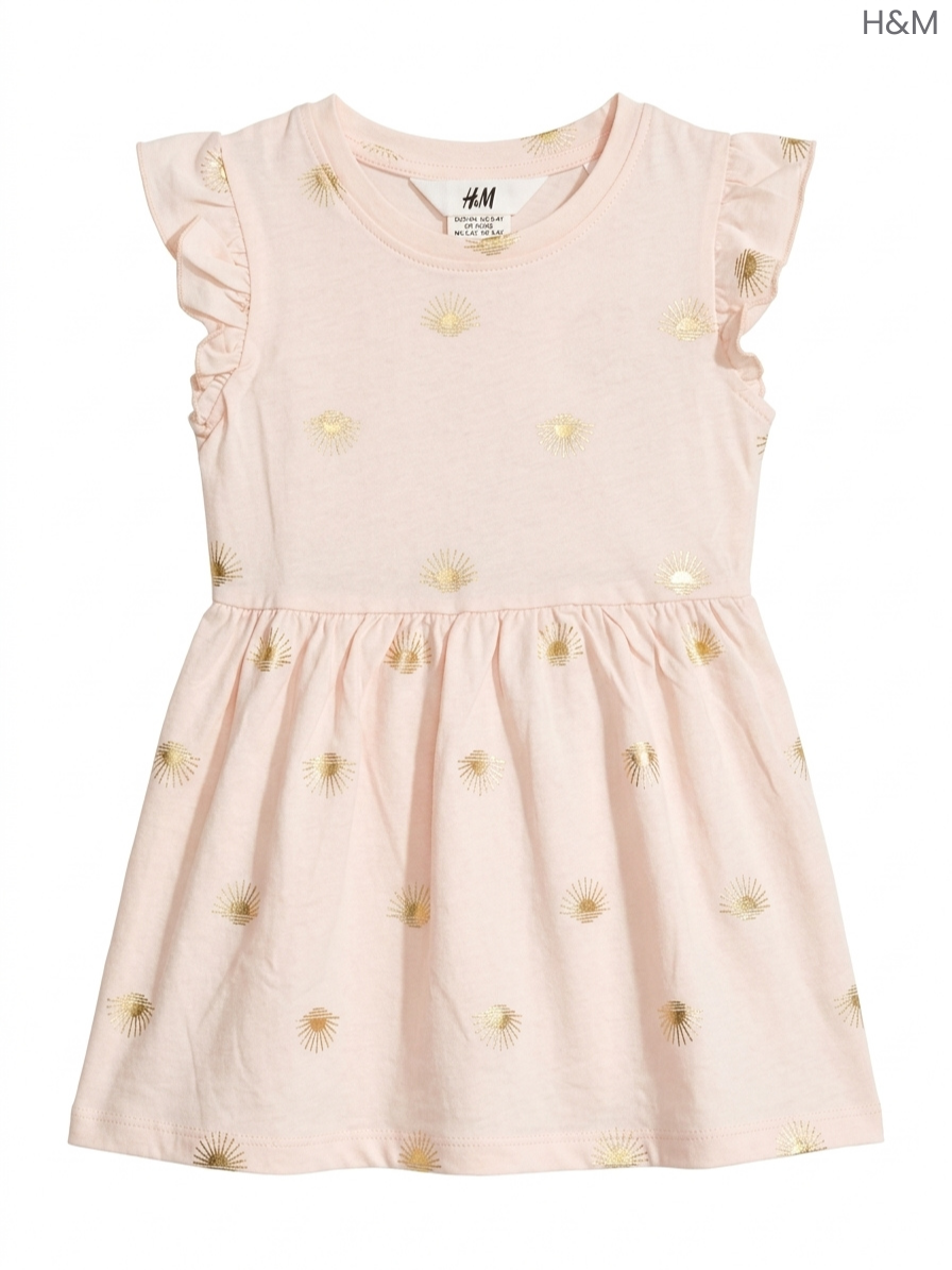 H&M Girls' Pink & Gold Sun Print Dress | Ruffle Sleeve Cotton Dress