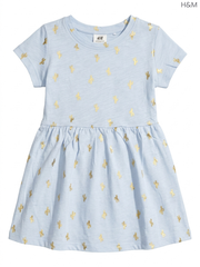 H&M Girls' Light Blue Cactus Print Dress | Gold Foil Cotton Dress