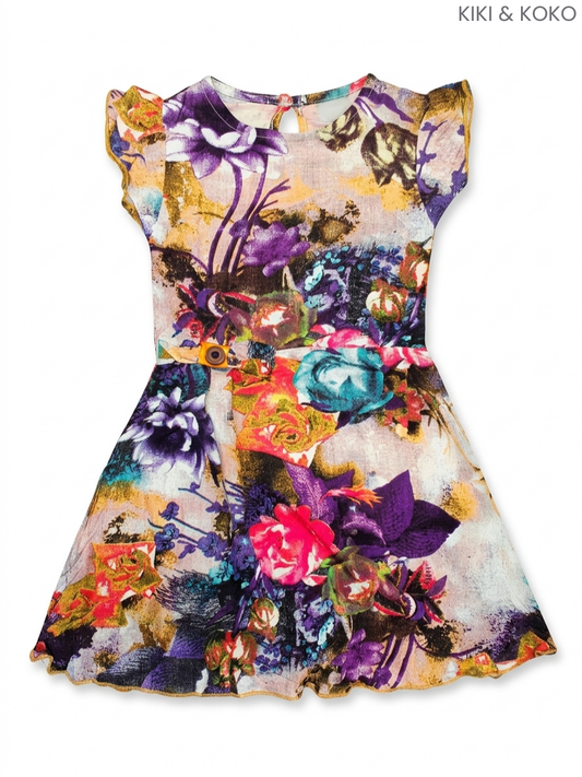KIKI & KOKO Girls' Floral Dress | Colorful Printed Flutter-Sleeve Dress