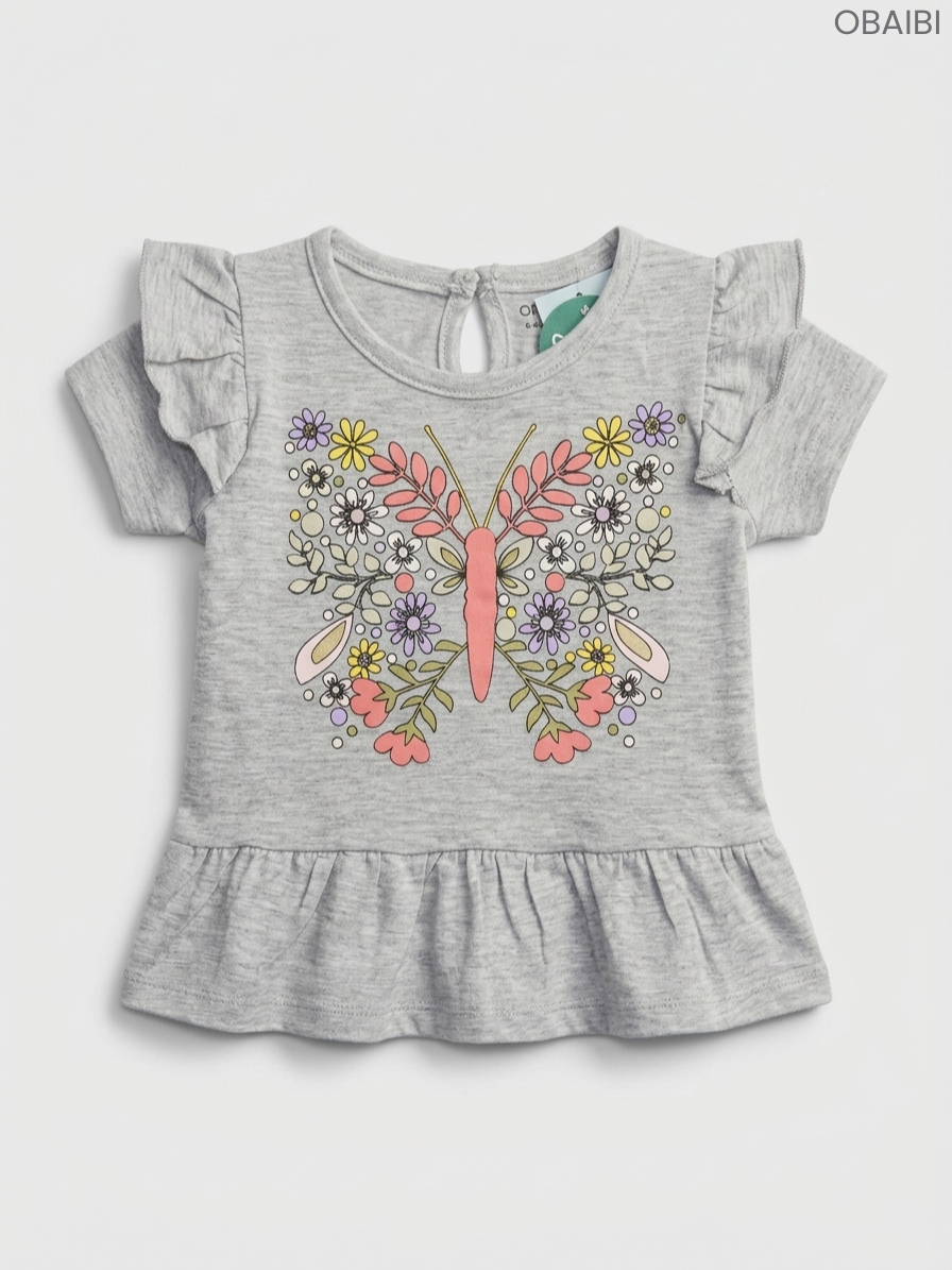 OBAIBI Baby Girls' Grey Butterfly Top | Ruffle Sleeve Floral T-Shirt
