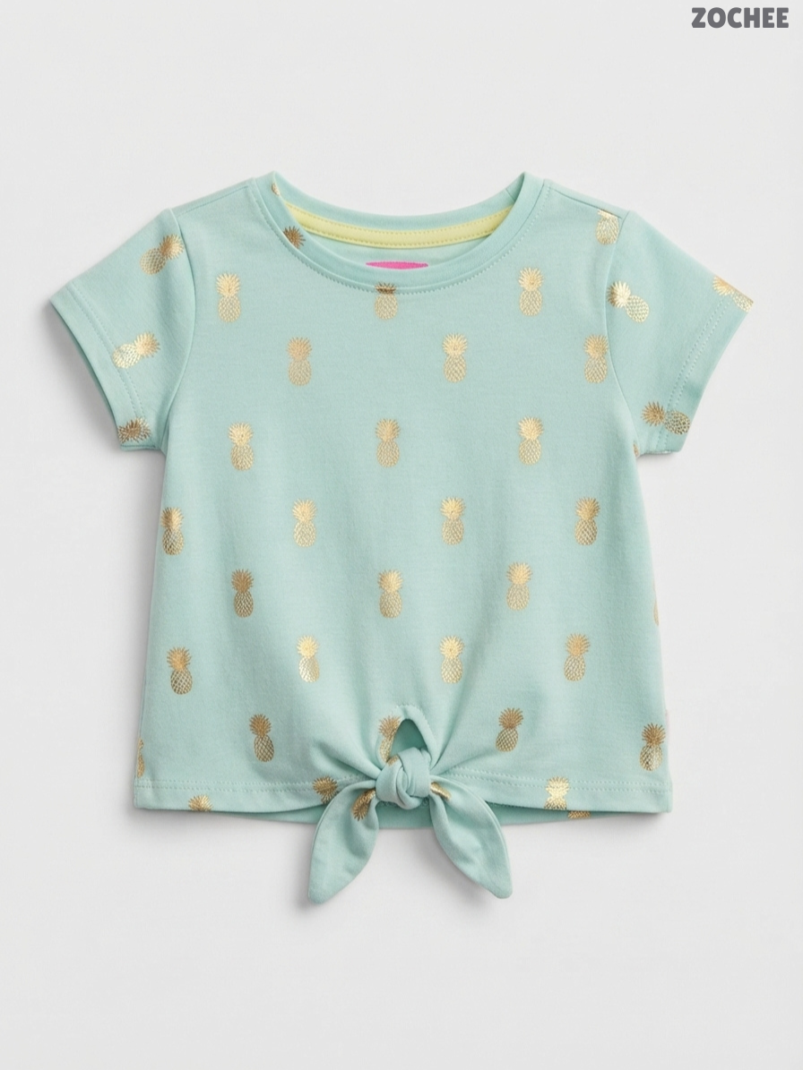 Zochee Kids Short-Sleeve Pineapple-Print Tie-Front Top – Mint Green