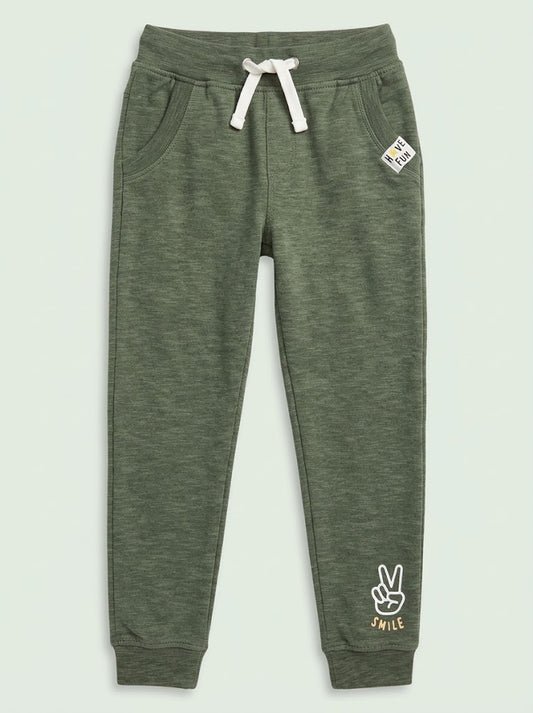Boys' Casual Cotton-Blend Fleece Joggers with Graphic Detail – Olive Green
