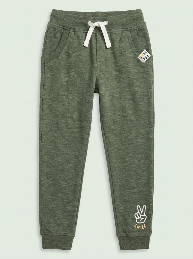 Boys' Casual Cotton-Blend Fleece Joggers with Graphic Detail – Olive Green