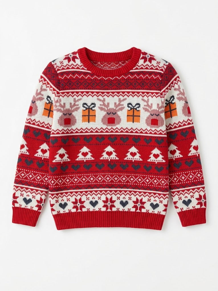 Premium Kids Red Fair Isle Holiday Reindeer & Gift Knit Sweater| SM GARMENTS