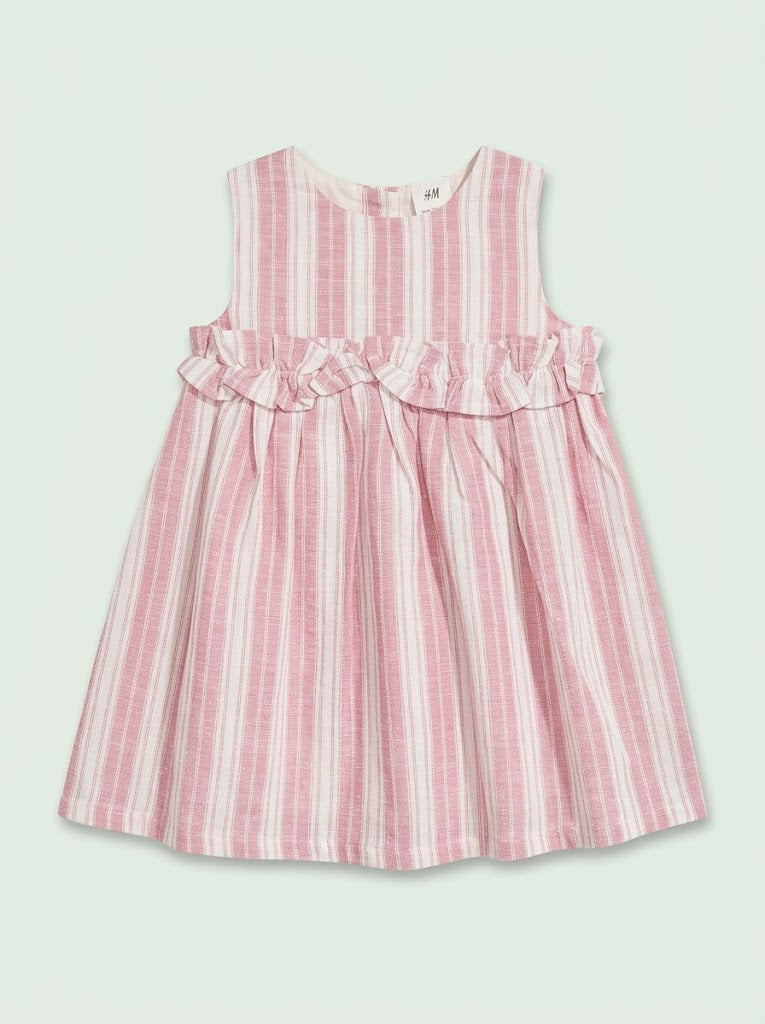 BRANDED Girls Pink and White Striped Casual Dress with Ruffle Trim
