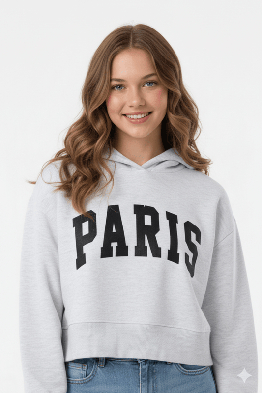 ALCOTT WOMENS LIGHT GREY CROPPED PARIS HOODIE - Smgarment's