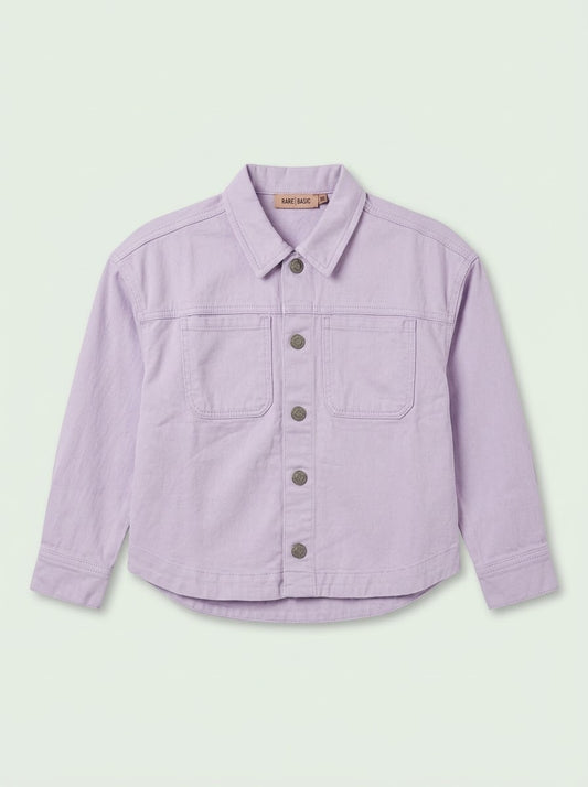Girls' Lilac Denim Jacket with Chest Pockets and Curved Hem