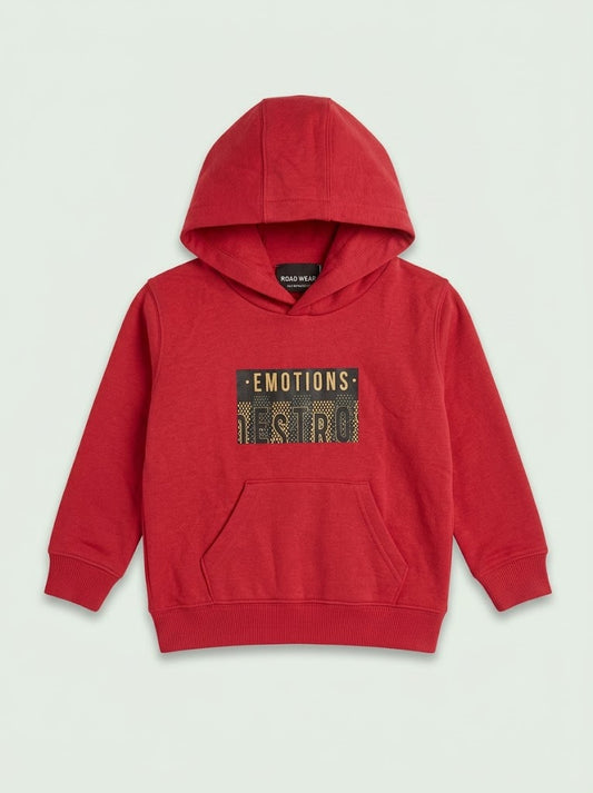 Boys Red "Emotions" Graphic Pullover Hoodie with Front Kangaroo Pocket