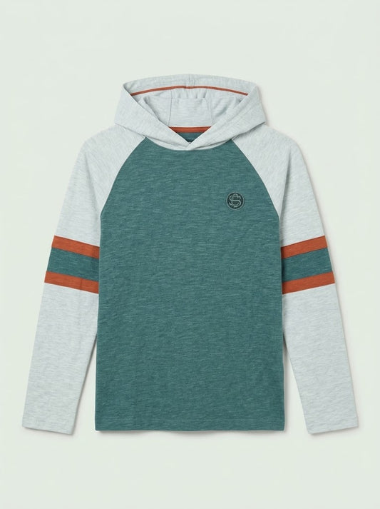 Boys' Casual Cotton-Blend Long-Sleeve Hooded T-Shirt with Stripe Accents – Green/Gray