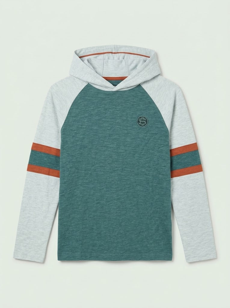 Boys' Casual Cotton-Blend Long-Sleeve Hooded T-Shirt with Stripe Accents – Green/Gray