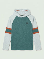 Boys' Casual Cotton-Blend Long-Sleeve Hooded T-Shirt with Stripe Accents – Green/Gray