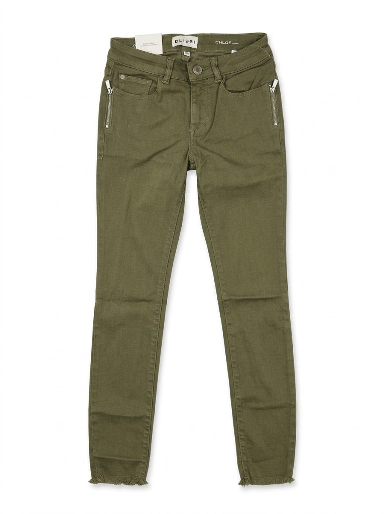 Girls BRANDED Olive Green Zipper Accent Skinny Stretch Denim Pants with Raw Hems| SM GARMENTS