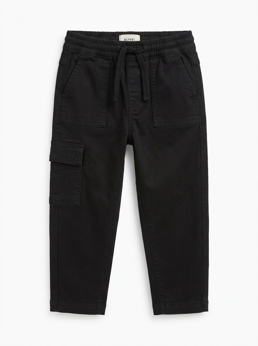 Boys' Jet Black Stretch Twill Elastic Drawstring Cargo Trousers