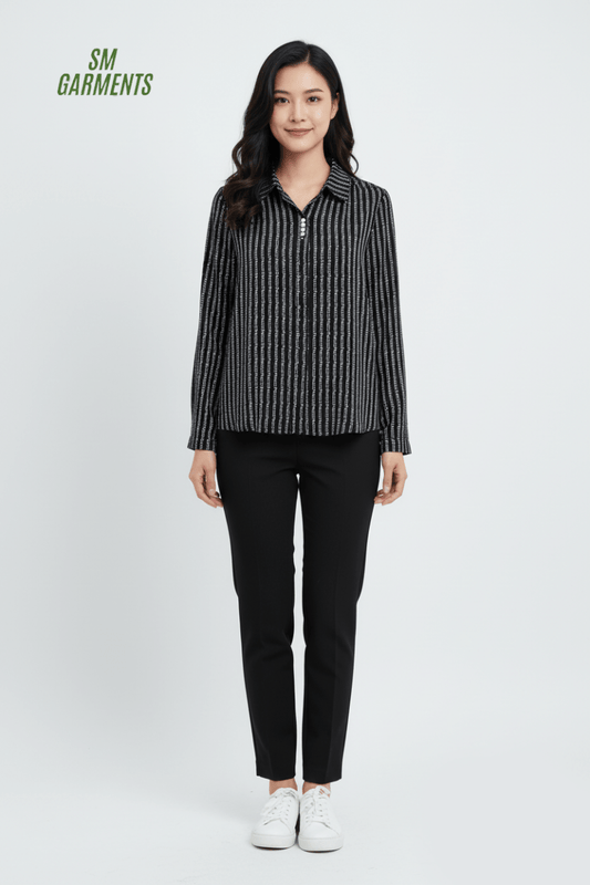 Black CSHN Striped V - Neck TOP with Pearl Button Detail - Smgarment's