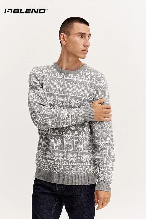 BLEND Men's Round Neck Christmas Knitted Sweater Fine Knit Pullover - Smgarment's