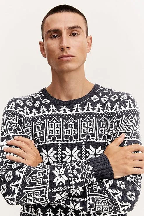 BLEND Men's Round Neck Fine Knit Pullover Christmas Knitted Sweater - Smgarment's