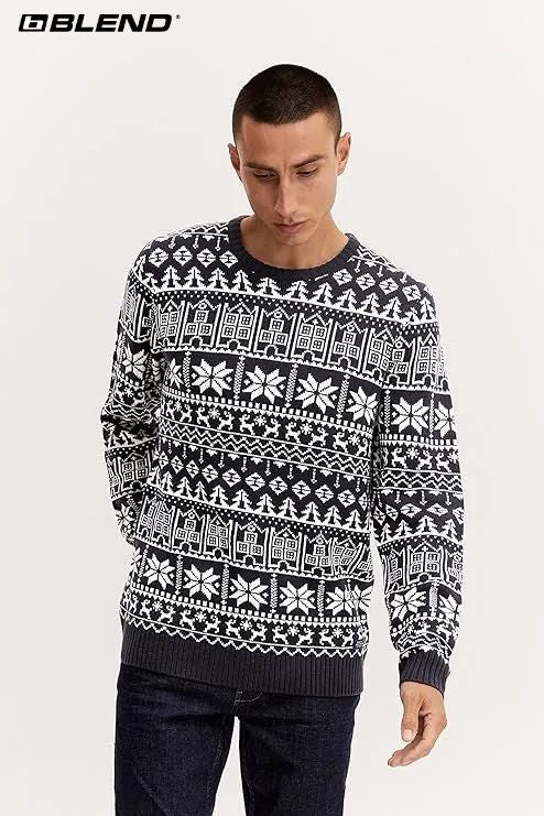 BLEND Men's Round Neck Fine Knit Pullover Christmas Knitted Sweater - Smgarment's