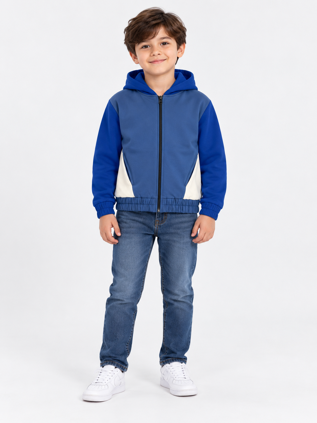 Boys blue colorblock zip-up hoodie front model look