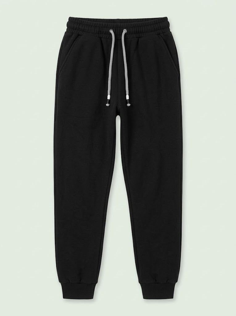 Boys Black Casual Jogger Pants with Contrast Grey Drawstring and Pockets