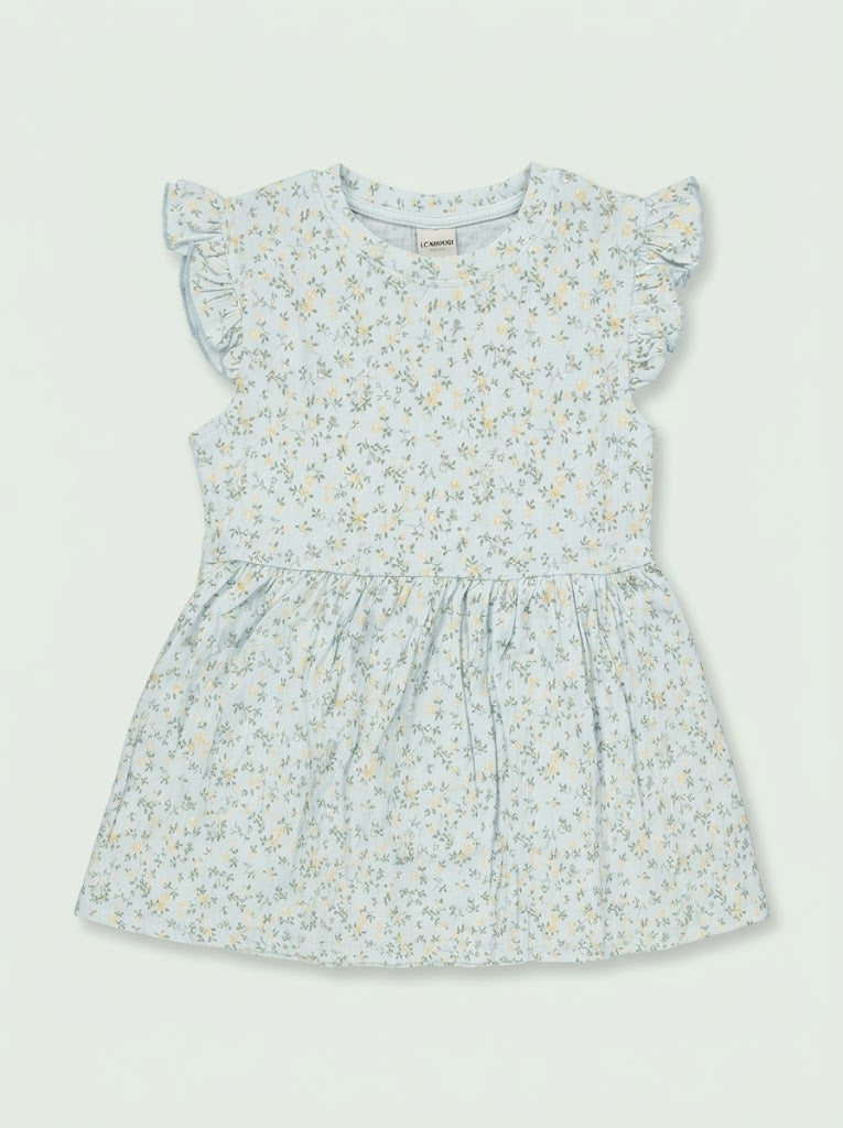 Girls Light Blue Floral Print Casual Dress with Ruffle Cap Sleeves