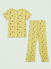 Girls' 2-Piece Yellow Bear Print Short-Sleeve Top and Flare Pants Set| SM GARMENTS