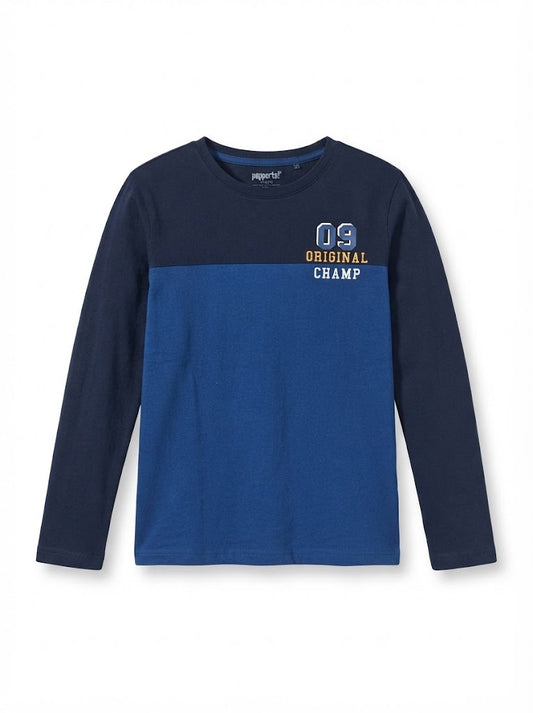 IMPORTED Boys' Long-Sleeve Colorblock "Original Champ" Graphic T-Shirt – Navy & Royal Blue