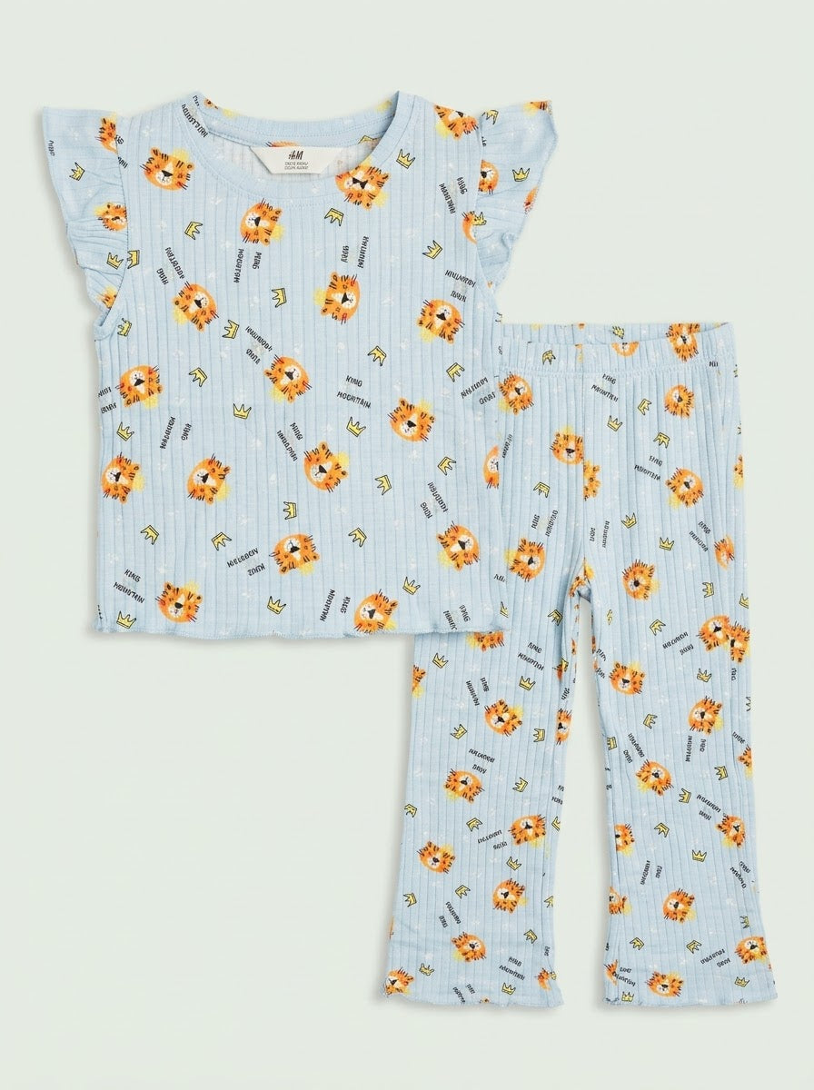 Girls' 2-Piece Blue Lion Print Flutter-Sleeve Top and Flare Pants Set| SM GARMENTS