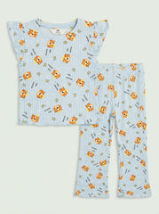 Girls' 2-Piece Blue Lion Print Flutter-Sleeve Top and Flare Pants Set| SM GARMENTS