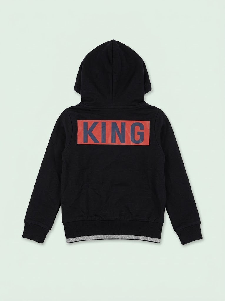 Girls Black Casual Pullover Hoodie with "Brooklyn NYC" Graphic and Glitter Hem