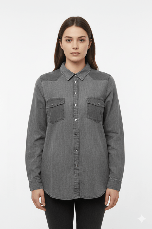 CAMAIEU WOMENS TWO TONE DOUBLE POCKET SHIRT - Smgarment's