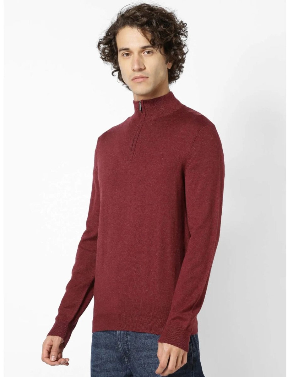 CELIO SELIMIN Burgundy Solid Cotton Blend Sweater - Smgarment's