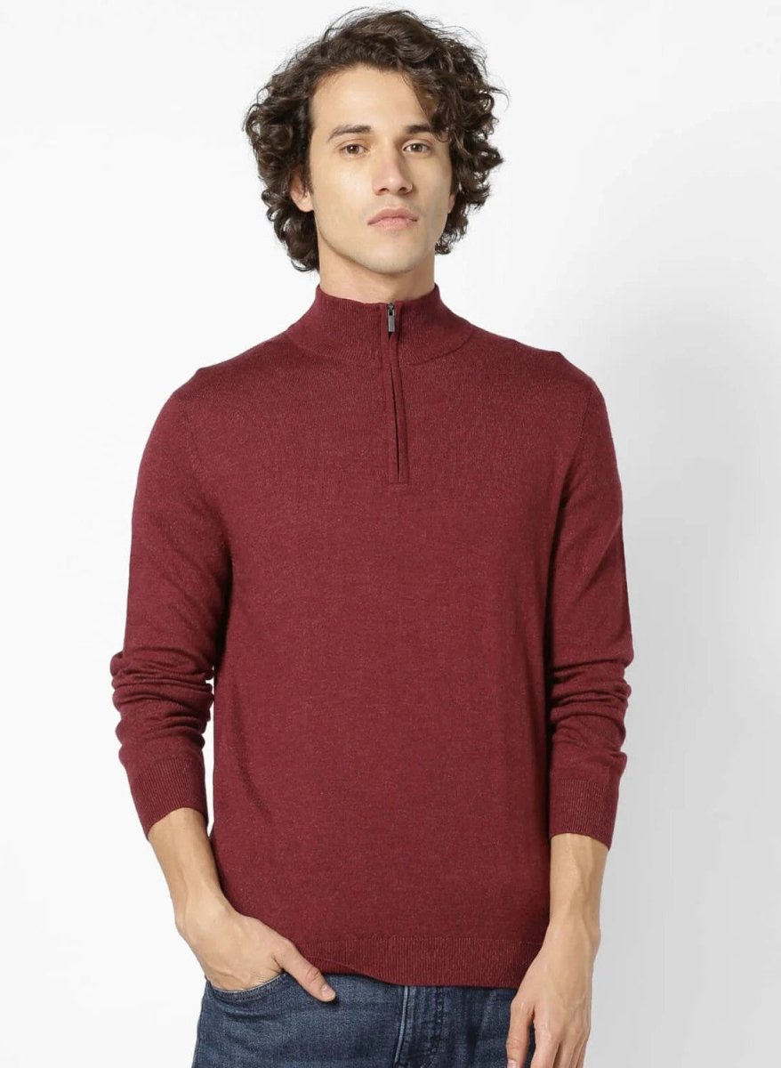 CELIO SELIMIN Burgundy Solid Cotton Blend Sweater - Smgarment's