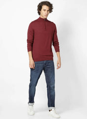 CELIO SELIMIN Burgundy Solid Cotton Blend Sweater - Smgarment's