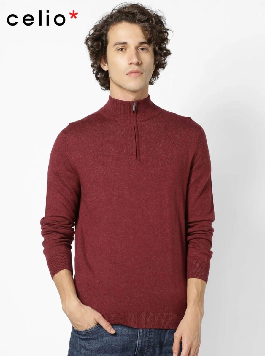 CELIO SELIMIN Burgundy Solid Cotton Blend Sweater - Smgarment's