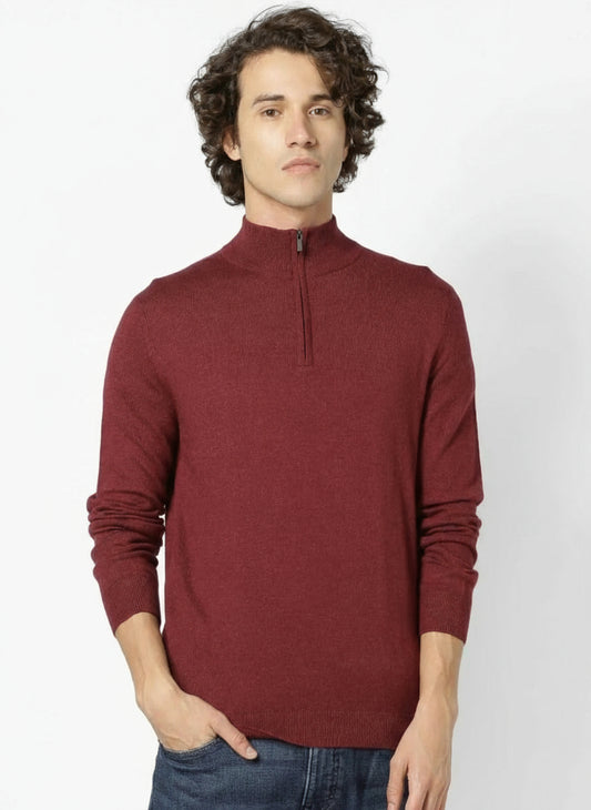 CELIO SELIMIN Burgundy Solid Cotton Blend Sweater - Smgarment's