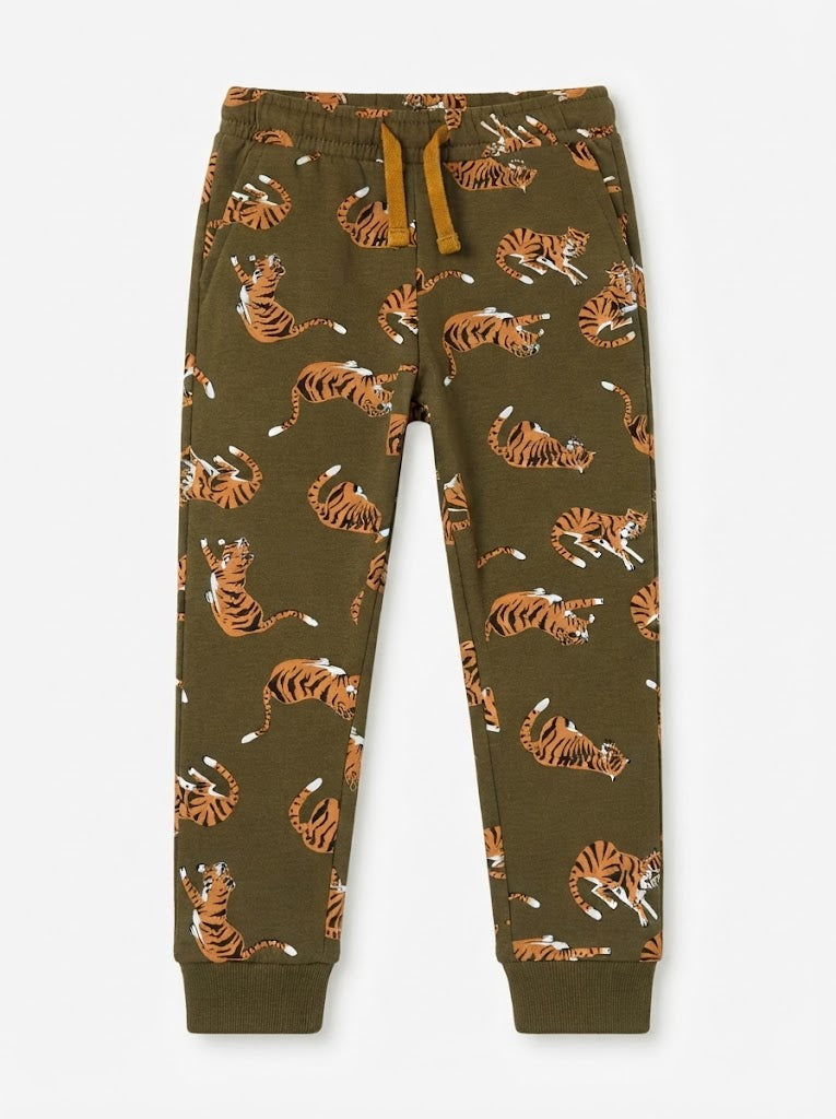 Boys' Casual Cotton Allover Tiger Print Jogger Pants – Dark Green