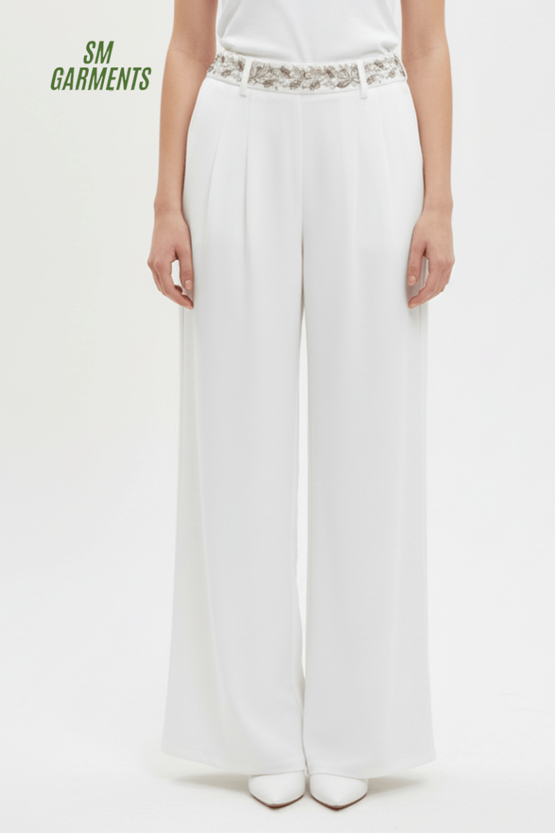 Chic White Palazzo Pants with Detailed Waist - Smgarment's