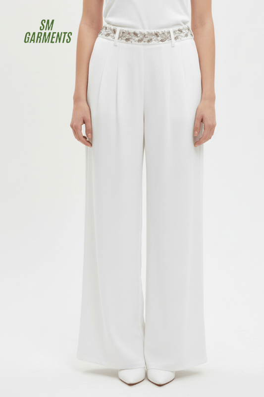 Chic White Palazzo Pants with Detailed Waist - Smgarment's