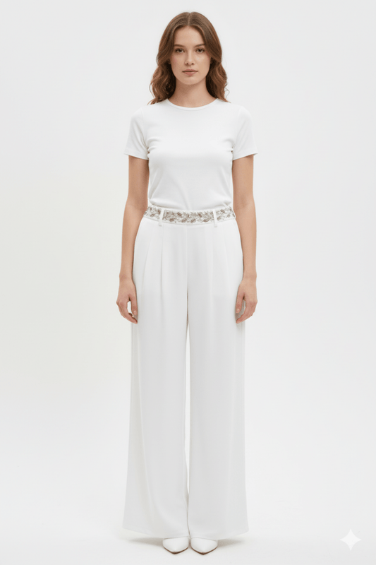 Chic White Palazzo Pants with Detailed Waist - Smgarment's