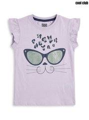 CoolClub Girls' Lilac Cat Face & Sunglasses Graphic Ruffle-Sleeve T-Shirt| SM GARMENTS