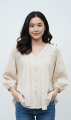 Cream V - Neck Pintuck Blouse - Smgarment's