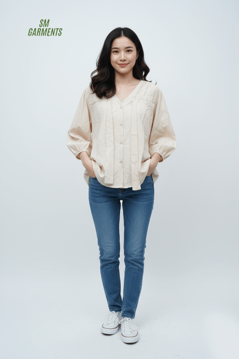 Cream V - Neck Pintuck Blouse - Smgarment's