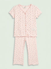 HM Girls' 2-Piece Pink Floral Button-Front V-Neck Top and Flare Pants Set