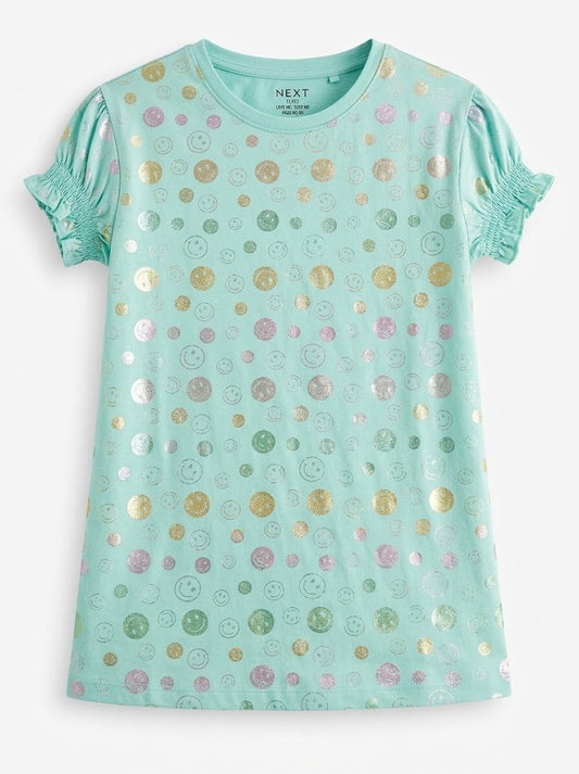 Nxt Girls' Mint Green Metallic Smiley Foil Print Puff-Sleeve T-Shirt