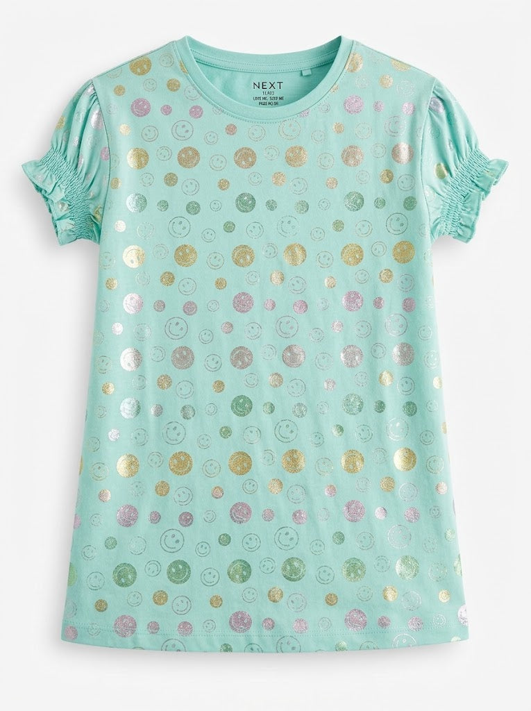 Nxt Girls' Mint Green Metallic Smiley Foil Print Puff-Sleeve T-Shirt