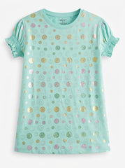 Nxt Girls' Mint Green Metallic Smiley Foil Print Puff-Sleeve T-Shirt