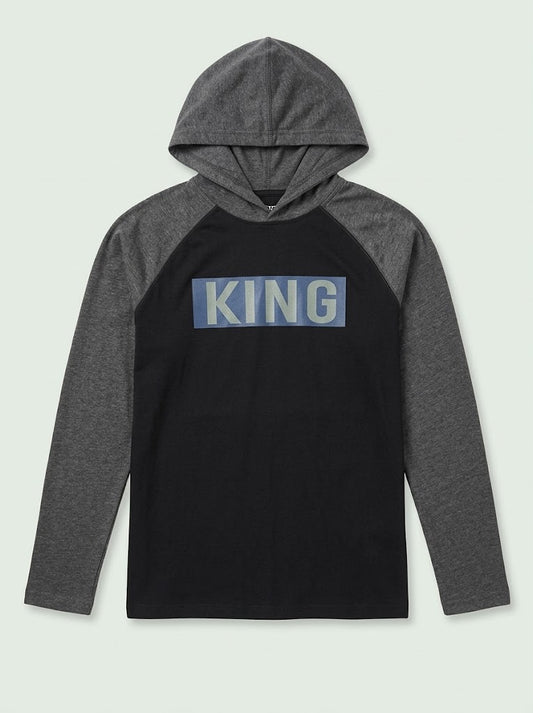 Boys' Casual Cotton-Blend Long-Sleeve Hooded T-Shirt with Graphic – Black/Dark Gray