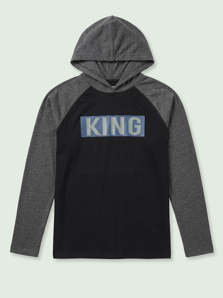 Boys' Casual Cotton-Blend Long-Sleeve Hooded T-Shirt with Graphic – Black/Dark Gray