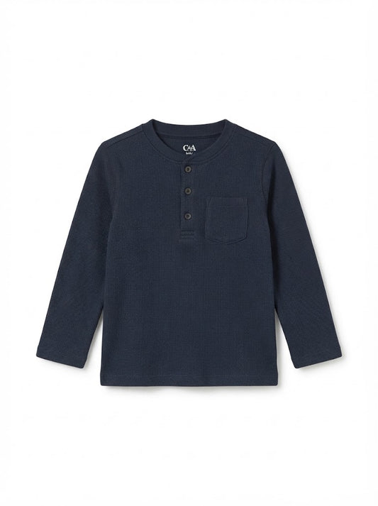 IMPORTED Boys' Long-Sleeve Waffle Knit Henley Shirt – Navy Blue Chest Pocket Top